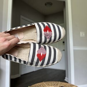 Womens KATE SPADE Gimlet Heart Lips espadrilles US 7.5 Black & White Stripe